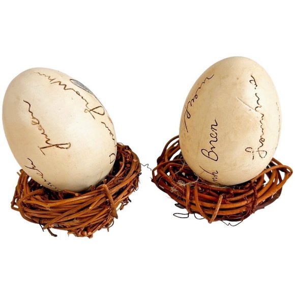 6 Vintage Hand Painted Birds On Ceramic Eggs In Nests Blue Yellow 3 1/4 Inch - Picture 3 of 12